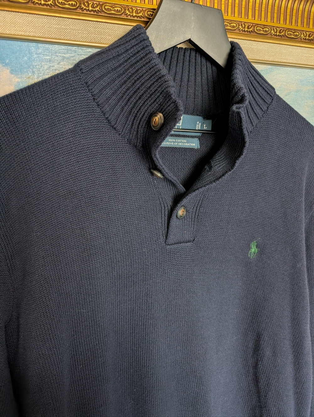 Ralph Lauren Navy Cotton Knit Polo-Style Pullover Sweater Large